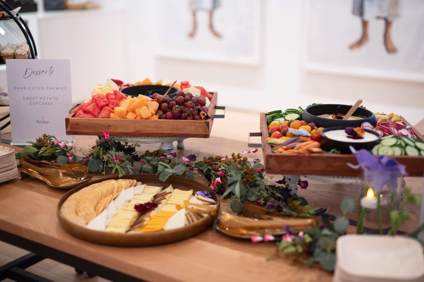 Dessert and crudité spread with Charleston chewies signage