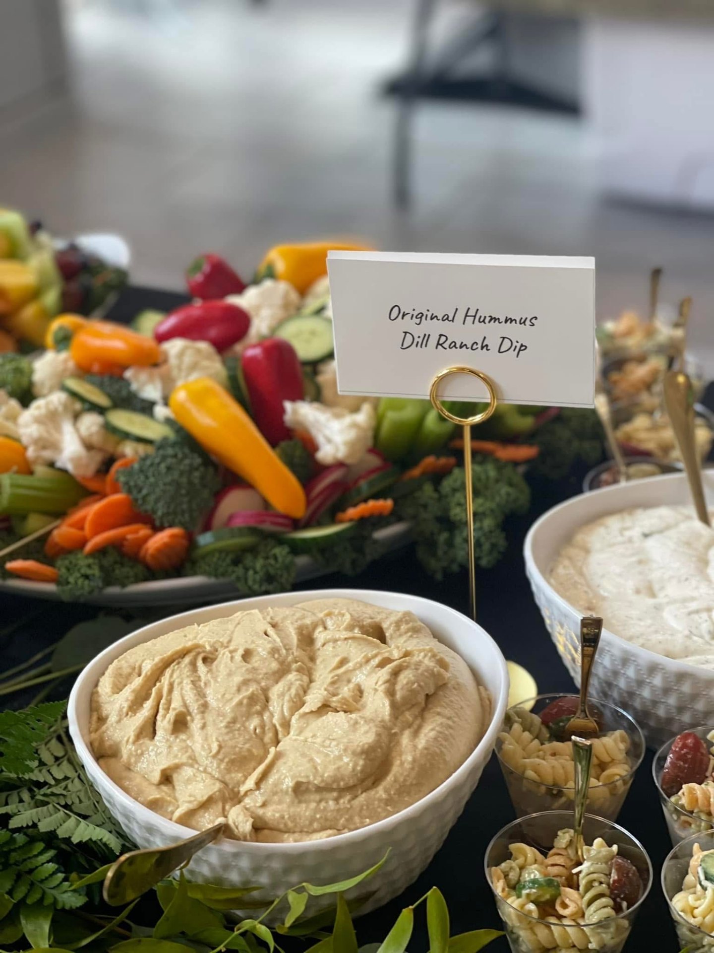 Original hummus and dill ranch dip with a crudité platter